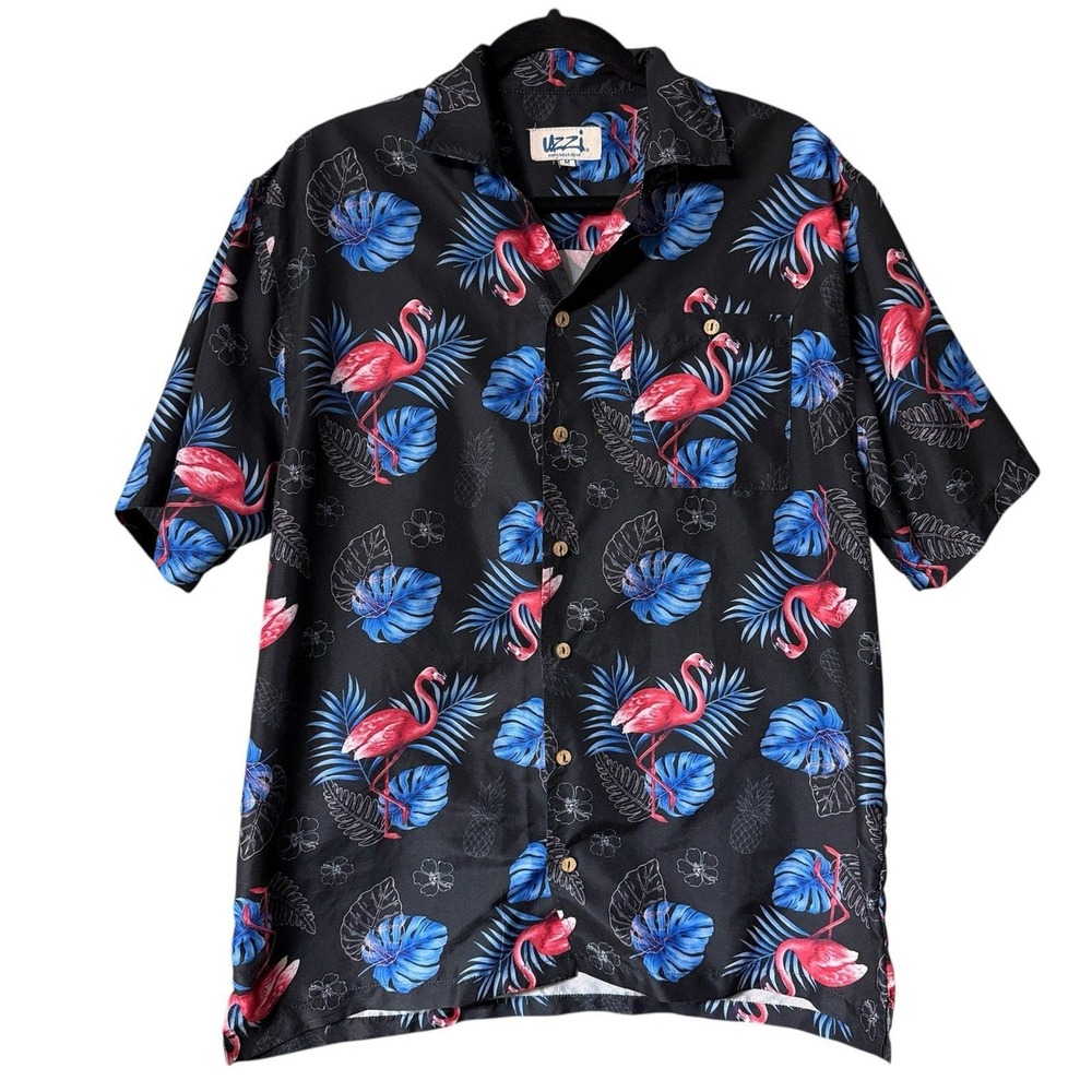 Uzzi Amphibious Gear Button Down Shirt Mens‎ Medium Black Flamingo Tropical HP75